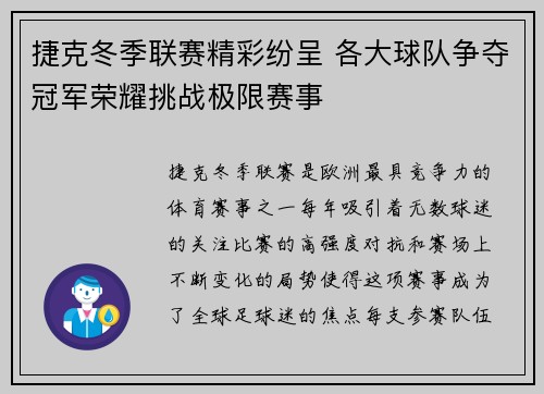 捷克冬季联赛精彩纷呈 各大球队争夺冠军荣耀挑战极限赛事