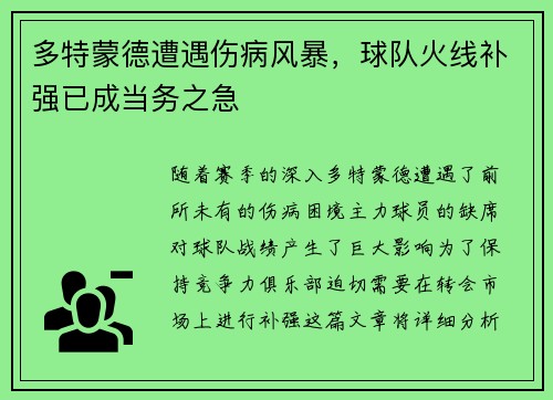 多特蒙德遭遇伤病风暴，球队火线补强已成当务之急