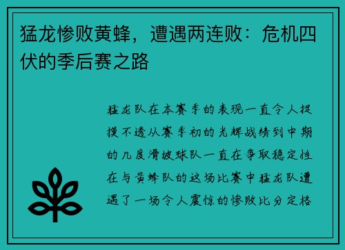 猛龙惨败黄蜂，遭遇两连败：危机四伏的季后赛之路