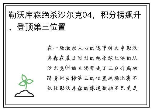 勒沃库森绝杀沙尔克04，积分榜飙升，登顶第三位置